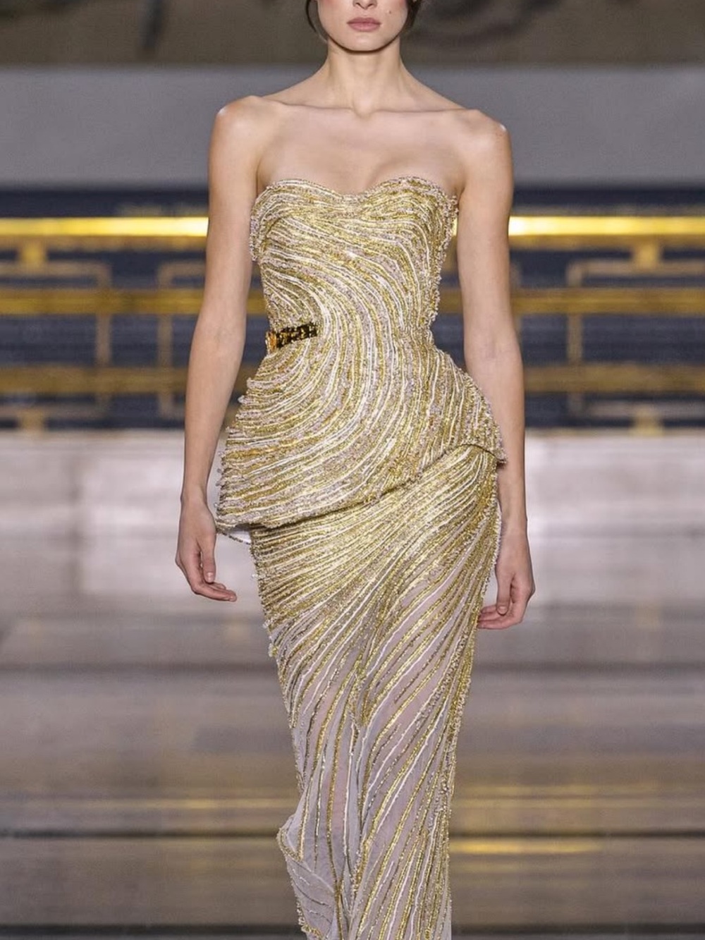 Custom Strapless Gold Beaded Wave Gown Size Small